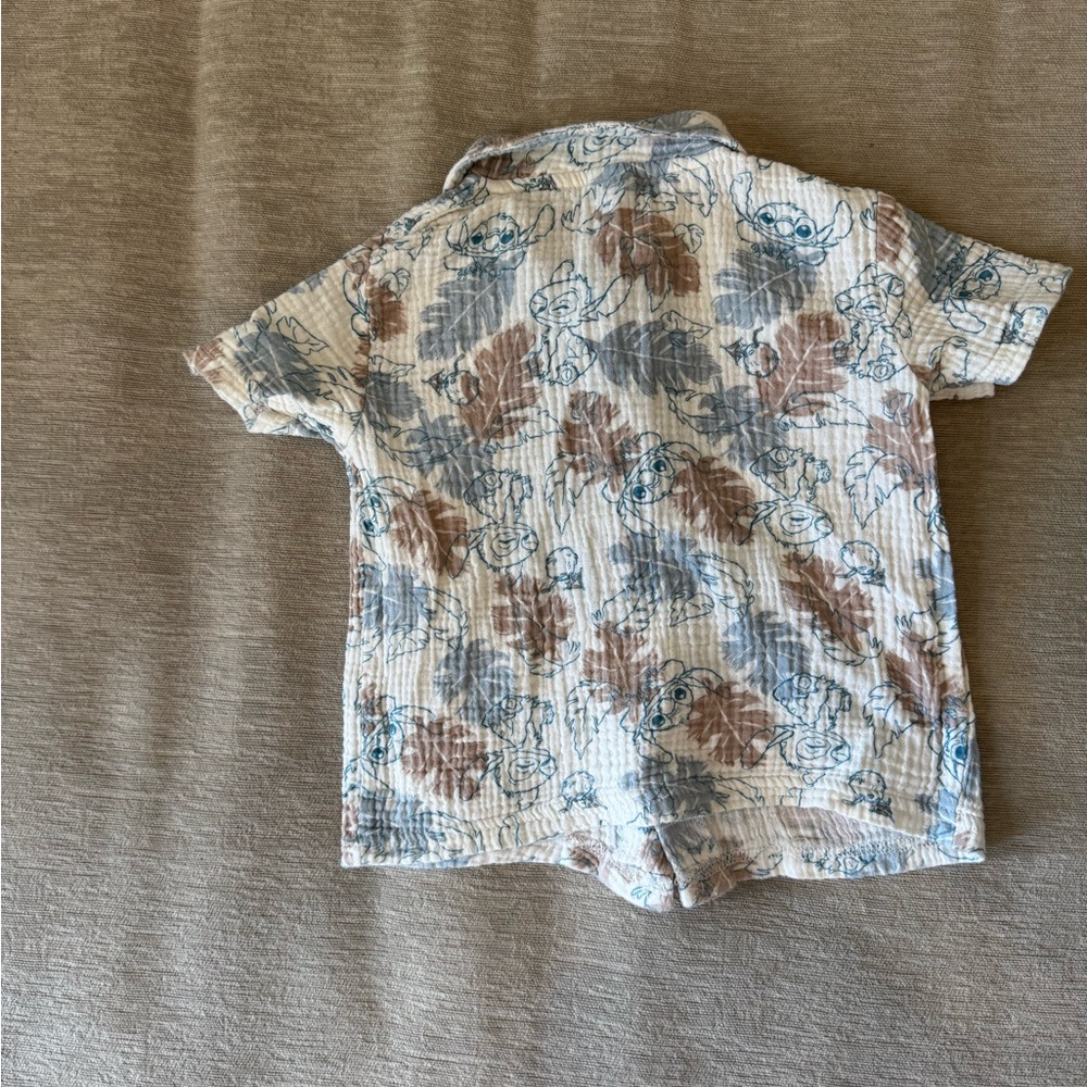 Disney Baby Stitch Button-Up Shirt 24M Blue & Tan Tropical Print Gauze Cotton - Picture 5 of 8